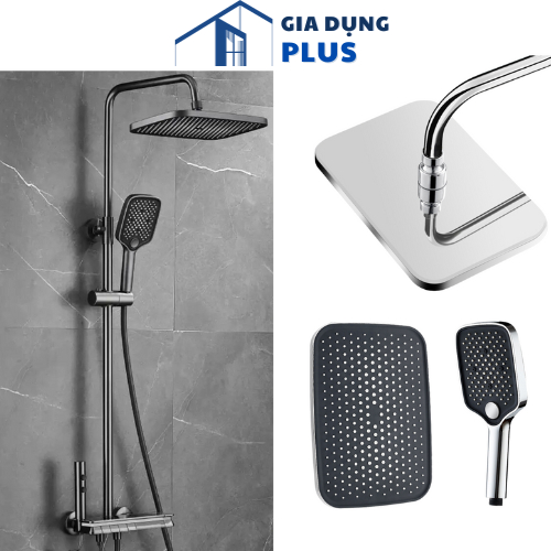 Bộ bát sen cây tắm đứng và vòi sen tăng áp ABS 3 chế độ nước, hình chữ nhật dùng thay thế sen cây
