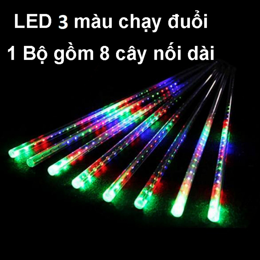 Bộ Đèn LED Sao băng Trang trí Ngoài trời 8 ống - 45cm - AC 220V kín nước CHẠY ĐUỔI 3 MÀU