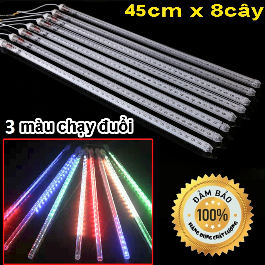 Bộ Đèn LED Sao băng Trang trí Ngoài trời 8 ống - 45cm - AC 220V kín nước CHẠY ĐUỔI 3 MÀU