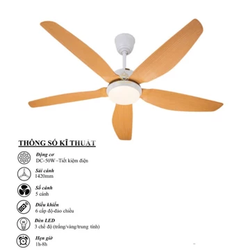 Quạt trần đèn 5 cánh,Quạt trần gió mạnh lắp phòng khách,phòng ngủ ,bếp động cơ DC tiết kiệm điện,có điều khiển,đảo chiều