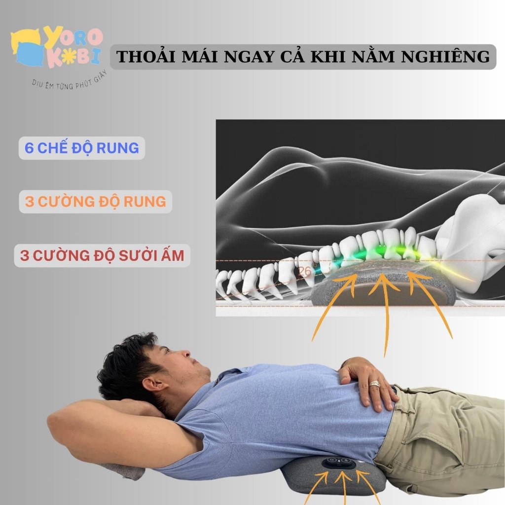 Gối kê lưng massage chườm nóng YOROKOBI, giúp giảm đau lưng thoát vị đĩa đệm, cao su non nguyên khối