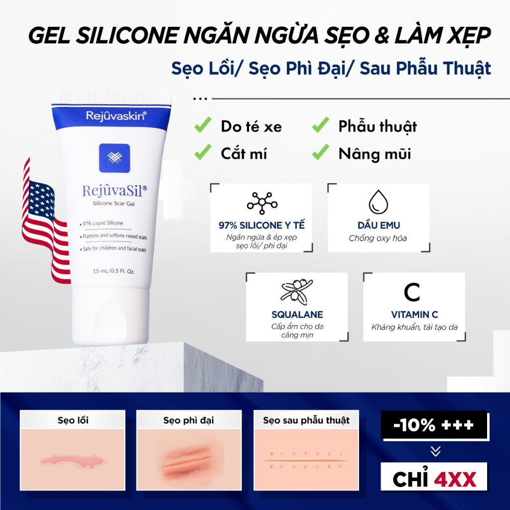 Ảnh Gel ngăn ngừa sẹo và làm xẹp sẹo lồi, sẹo phì đại Rejuvaskin Rejuvasil 4