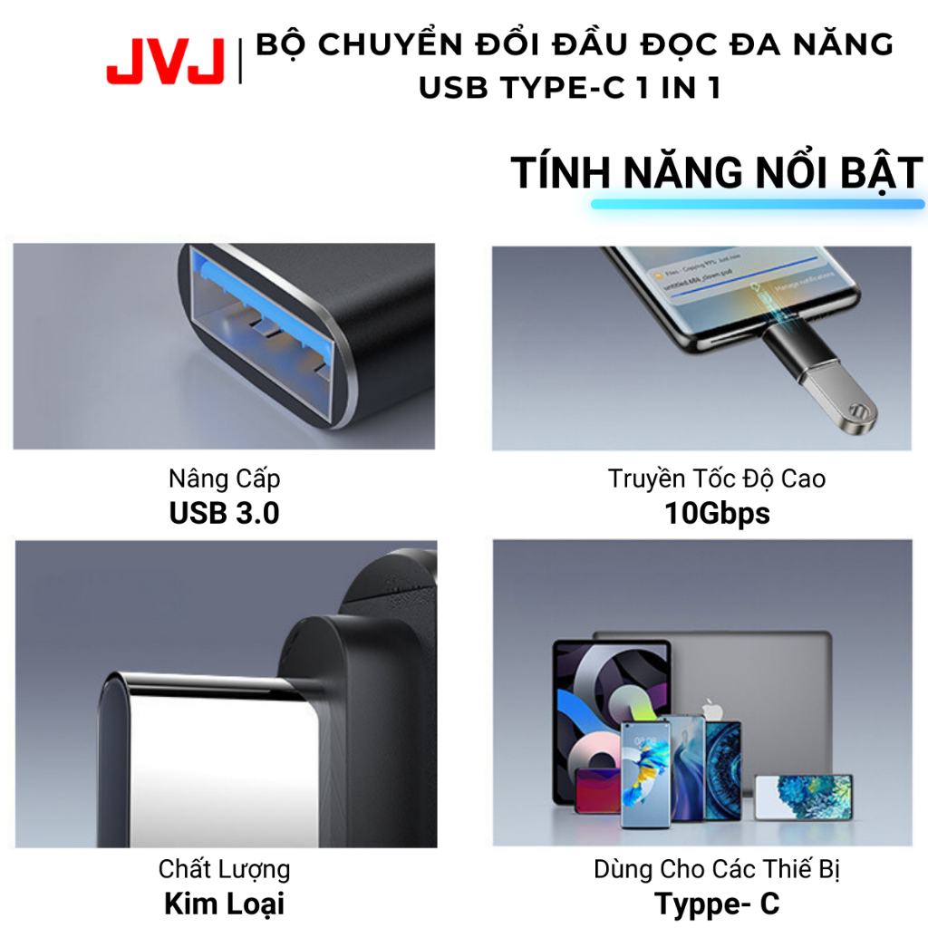 Ảnh Bộ Chuyển Đổi Đầu Đọc Đa Năng JVJ USB Type-C HUB C1, Cổng USB TYPE C 1in1, Đầu Chuyển Đổi Cho Điện Thoại Laptop BH 2 Năm 3