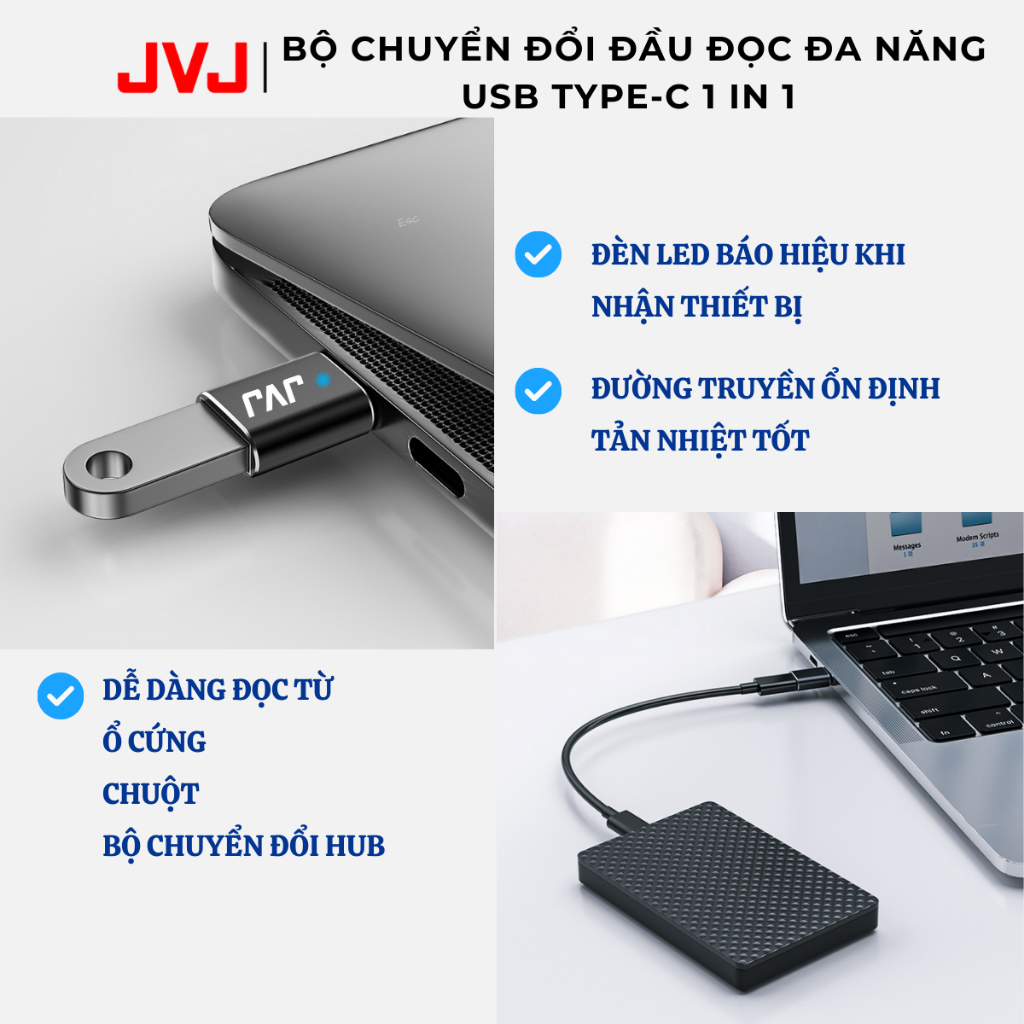 Ảnh Bộ Chuyển Đổi Đầu Đọc Đa Năng JVJ USB Type-C HUB C1, Cổng USB TYPE C 1in1, Đầu Chuyển Đổi Cho Điện Thoại Laptop BH 2 Năm 4