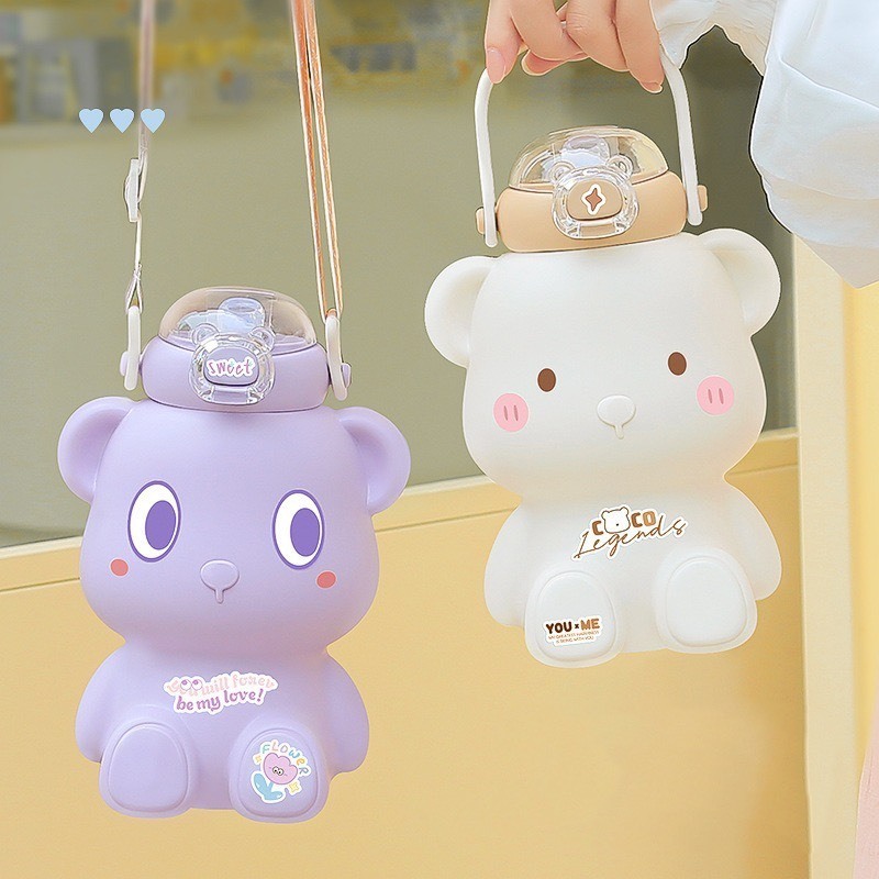 Bình nước giữ nhiệt hình gấu dung tích 450ml inox 316, bình giữ nhiệt cute cho bé mang đi học hoạ tiết dễ thươg bear450