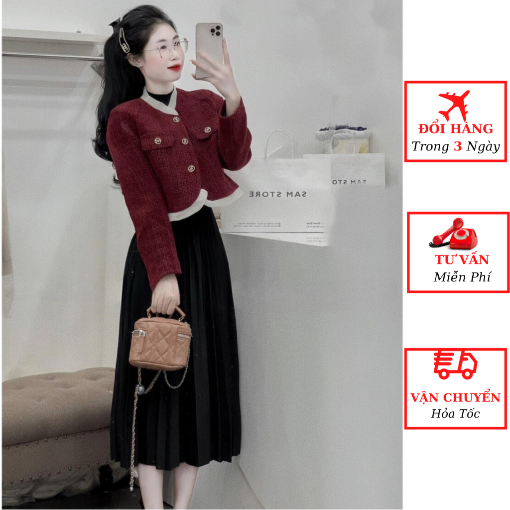 VALENTINA SET & SAVINA TOP - Set Áo Khoác Tweed Tone Đỏ Cùng Chân Váy Đính Khuy Thanh Lịch Và Tươi Mới