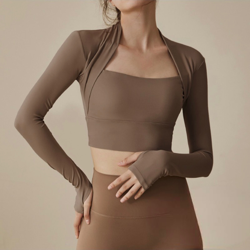 Áo tập dài tay giả 2 lớp Fit Her kèm mút ngực chất thun spandex