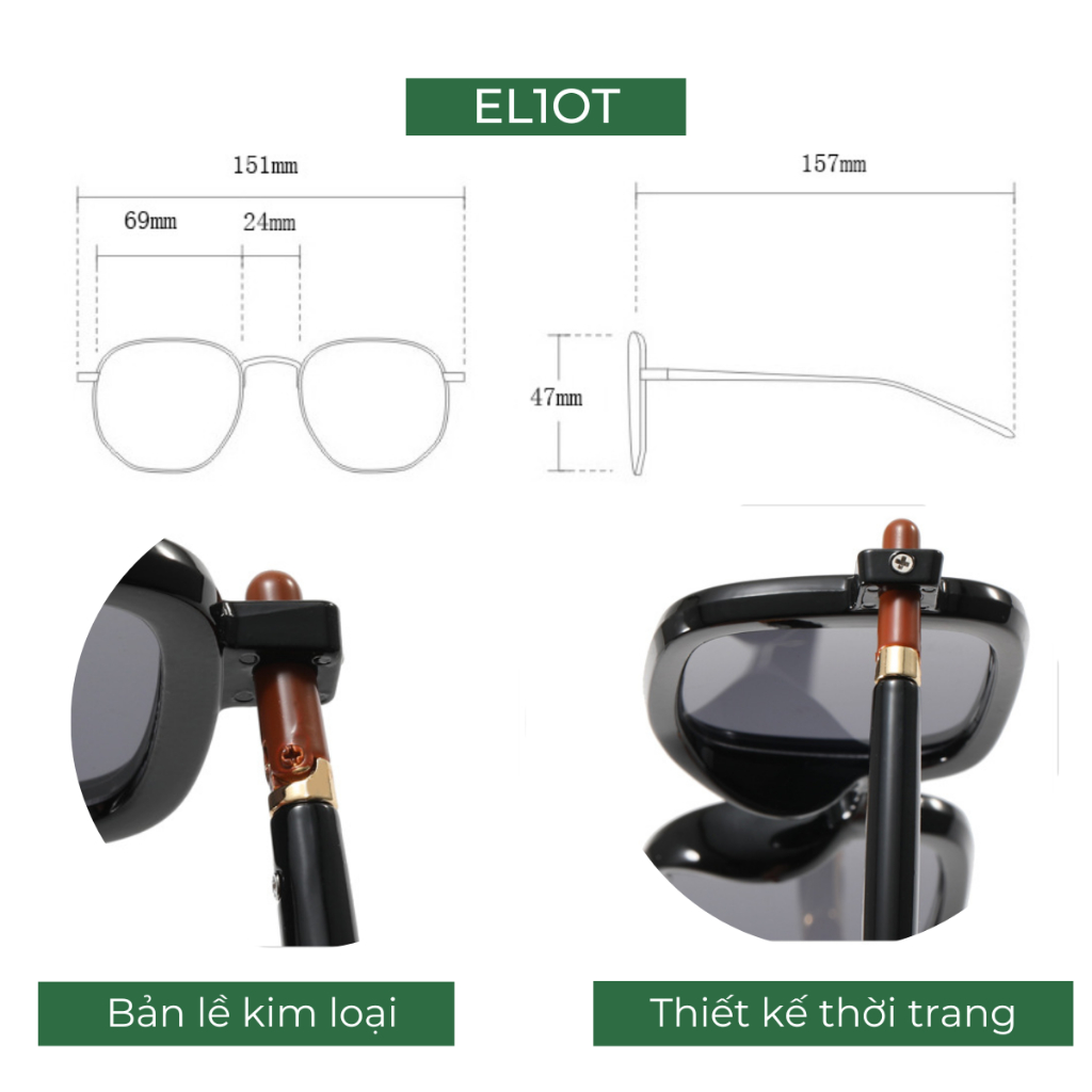 Kính râm chữ nhật ELIOT tròng kính chống tia UV400 phong cách thời trang phù hợp cả nam và nữ 13101