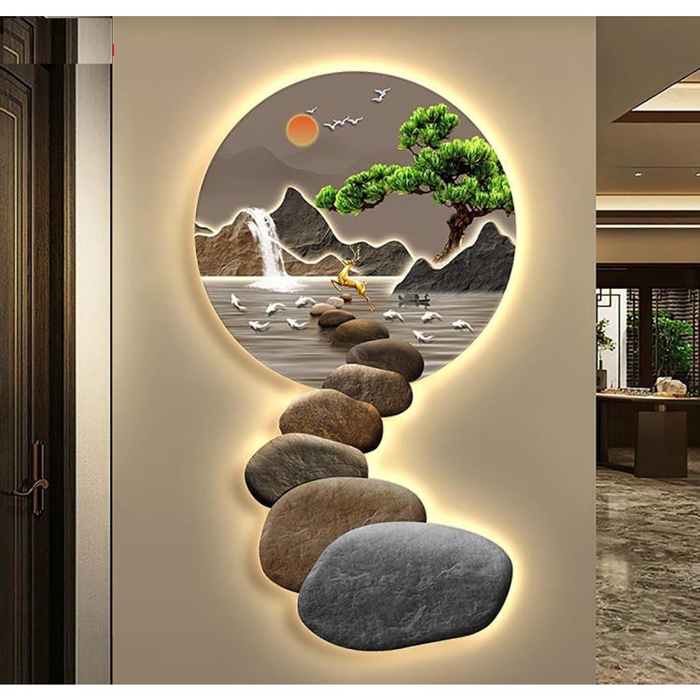 Tranh đèn led tráng gương UV hươu dưới trăng và đá cuội trang trí phòng  khách