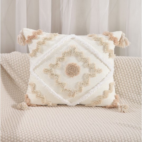 Vỏ Gối Tựa Lưng Sofa Bohemian Thêu Nổi Tua Rua Phong Cách Bắc Âu Sang Trọng
