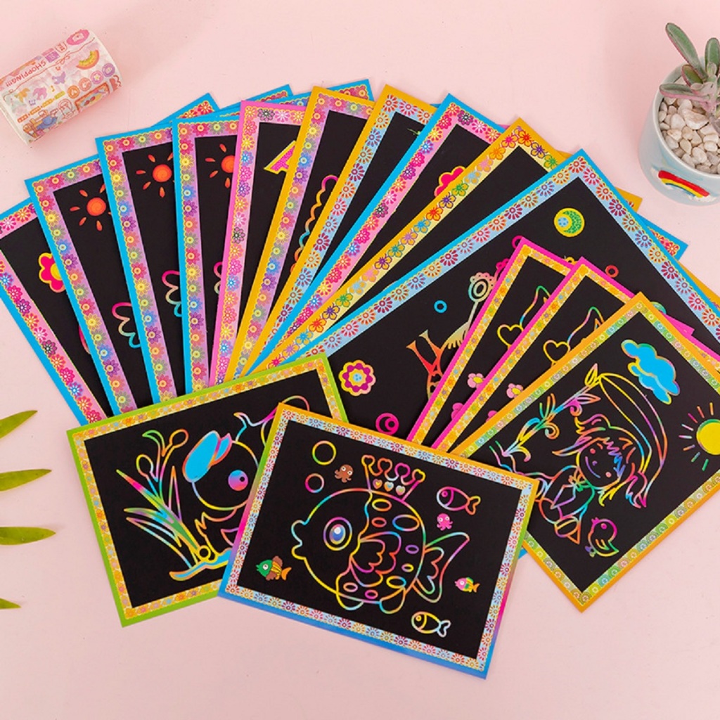 🍉(Set 5) Tranh cạo, tranh tô màu 2 mặt kèm bút tre cho bé sáng tạo DUASHOP🍉.