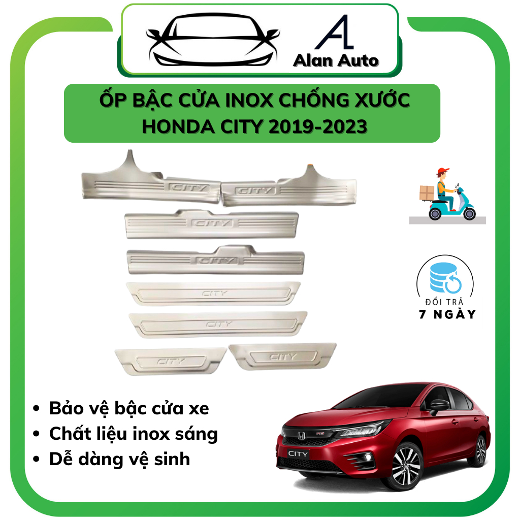 Ốp bậc cửa xe Honda City 2021-2023, Nẹp bước chân Chất liệu inox cao cấp. Bộ 8 miếng chống xước cửa