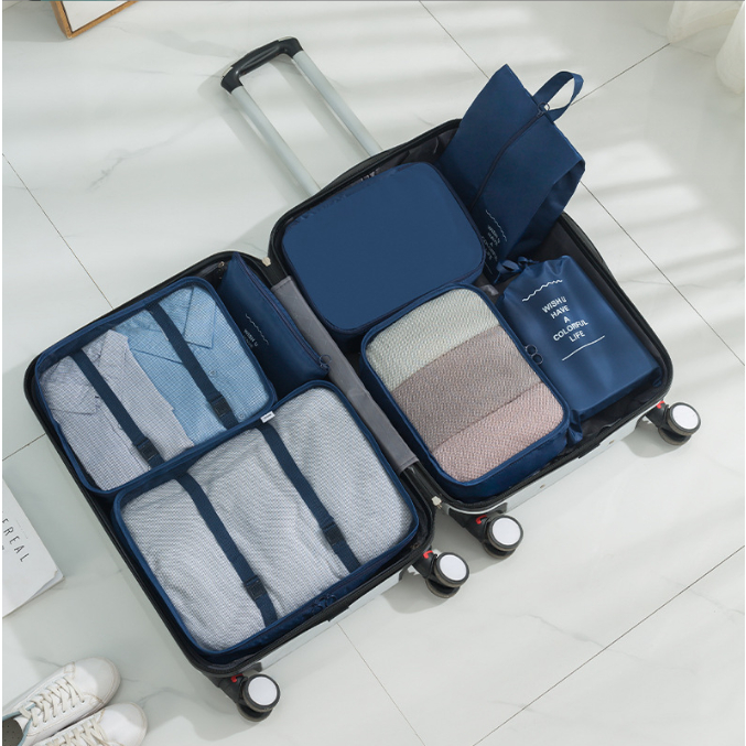 Set 7 Túi Đựng Đồ Du Lịch Đa Năng Sắp Xếp Đồ Tiện Dụng Khóa Zip Chống Thấm Túi Vải Nylon Đựng Quần Ao