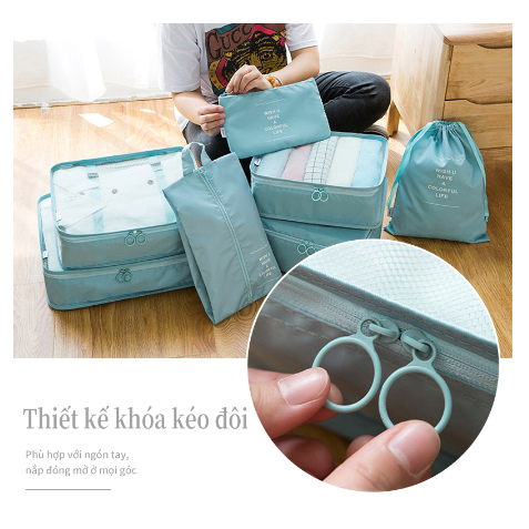 Set 7 Túi Đựng Đồ Du Lịch Đa Năng Sắp Xếp Đồ Tiện Dụng Khóa Zip Chống Thấm Túi Vải Nylon Đựng Quần Ao