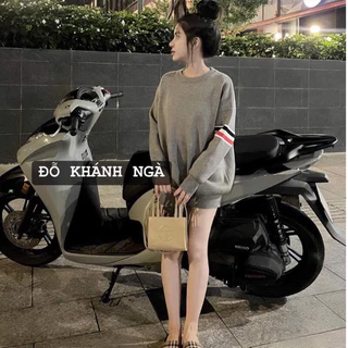 Áo sweater vạch đỏ cún lưng -Áo nỉ form rộng nỉ lót bông tay bồng