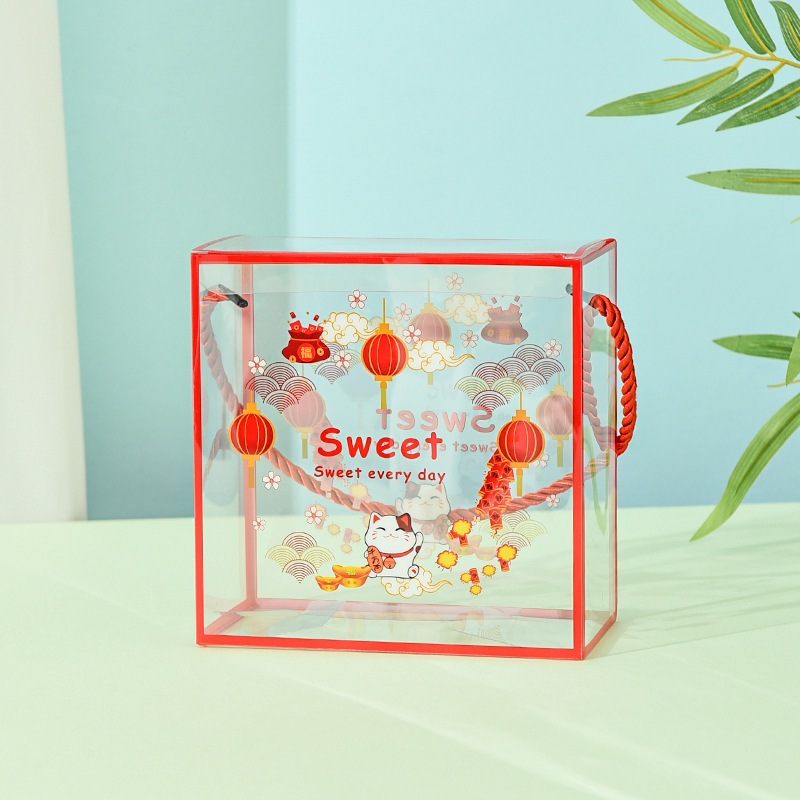 Túi Hộp Mica Vuông có quai xách Trong suốt Họa Tiết Xuân Đựng Bánh Quy, Kẹo Nougat, Quà Tết