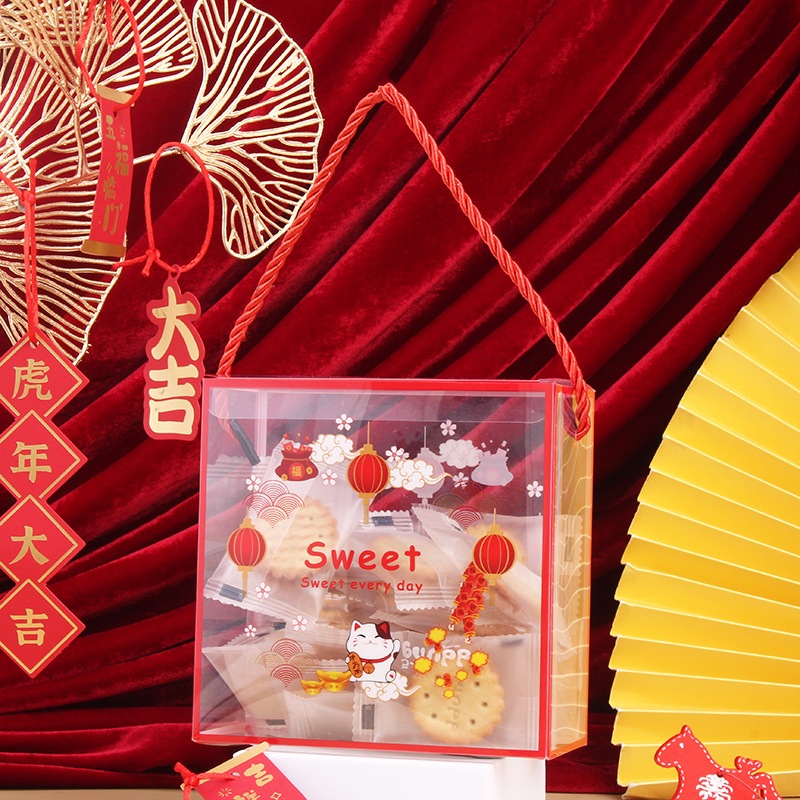 Túi Hộp Mica Vuông có quai xách Trong suốt Họa Tiết Xuân Đựng Bánh Quy, Kẹo Nougat, Quà Tết