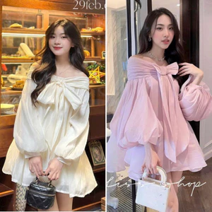 ĐẦM DOLL VOAN HỒNG TAY PHỒNG TRỄ VAI NƠ NGỰC