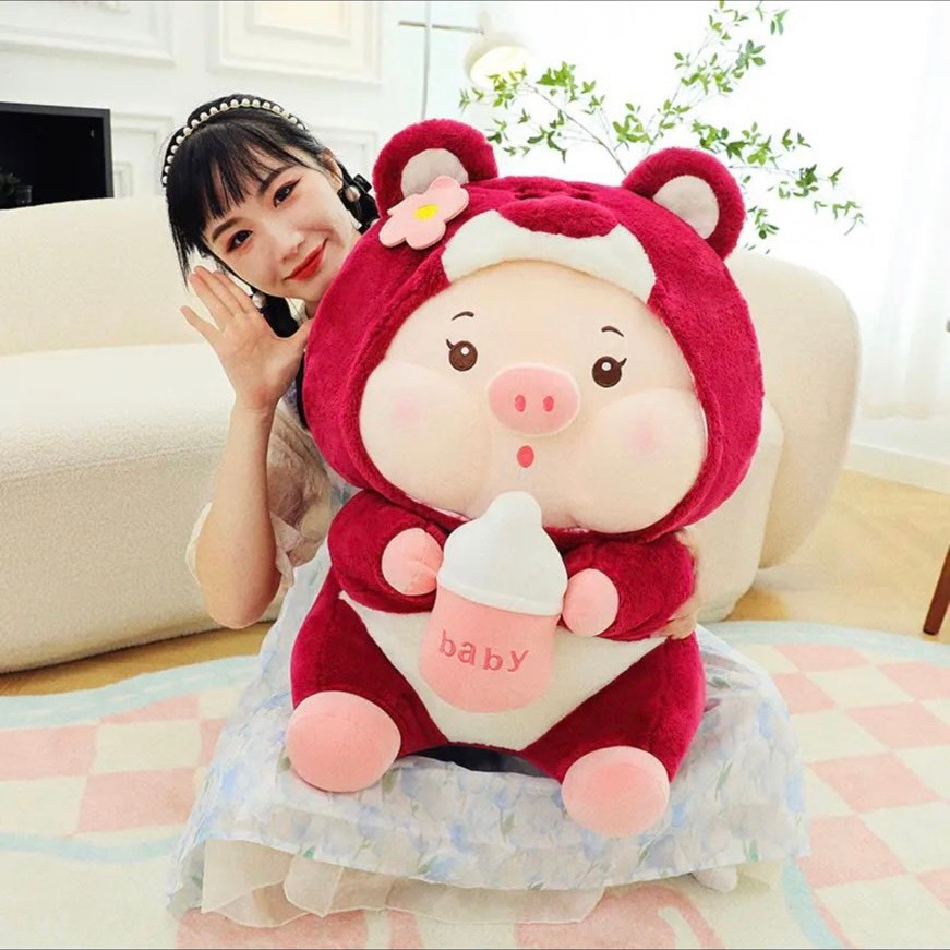 Lena Heo Lotso Ôm Bình Sữa, Thú nhồi bông heo bú bình lena dâu - Babi mama - G129
