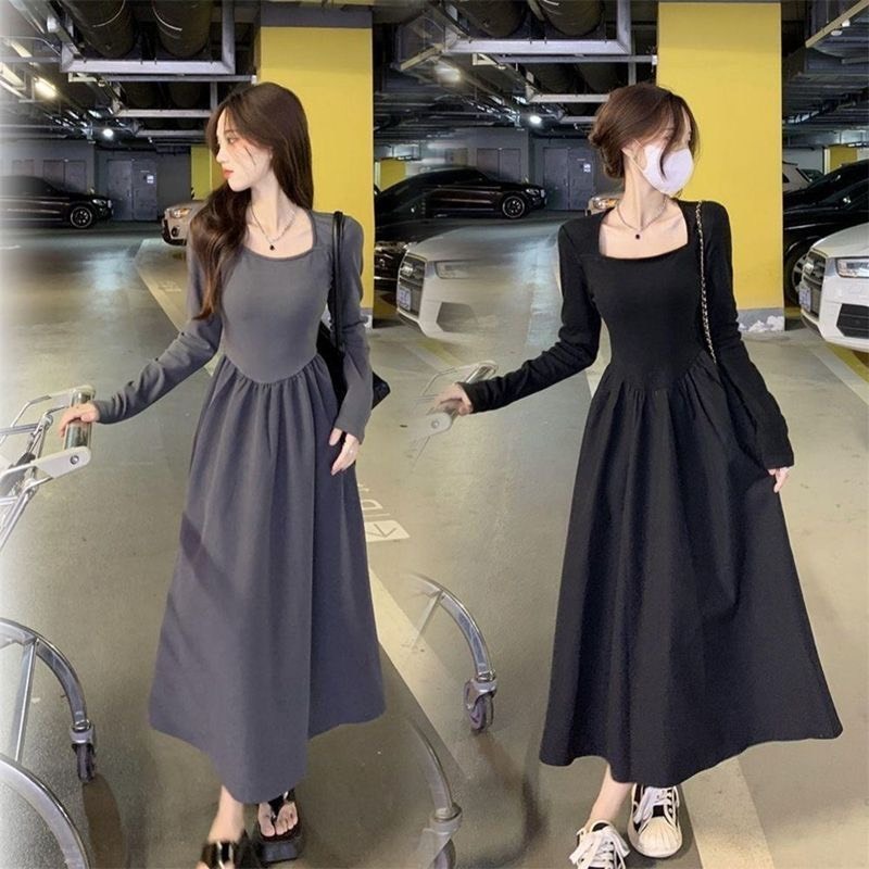Đầm váy xòe chữ A dáng dài tay thu đông cổ vuông nhún ly xòe chiết eo nữ tính Quảng Châu (CÓ BIG SIZE) MT33 SP03