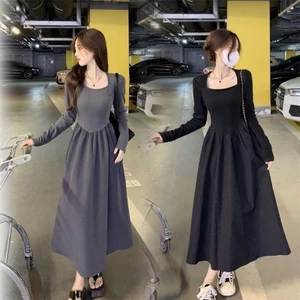 Đầm váy xòe chữ A dáng dài tay thu đông cổ vuông nhún ly xòe chiết eo nữ tính Quảng Châu (CÓ BIG SIZE) MT33 SP03