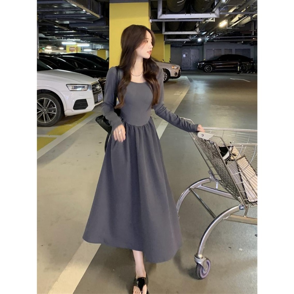 Đầm váy xòe chữ A dáng dài tay thu đông cổ vuông nhún ly xòe chiết eo nữ tính Quảng Châu (CÓ BIG SIZE) MT33 SP03