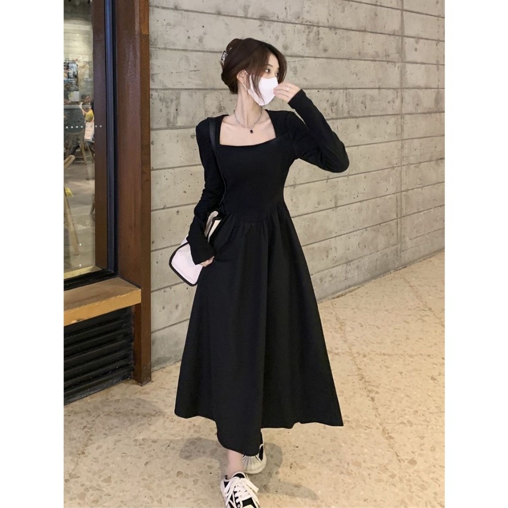 Đầm váy xòe chữ A dáng dài tay thu đông cổ vuông nhún ly xòe chiết eo nữ tính Quảng Châu (CÓ BIG SIZE) MT33 SP03