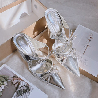 Fullbox Guốc Sục Cao Gót Mieo Shoes - Sục Cao Gót Nơ Bạc D2472
