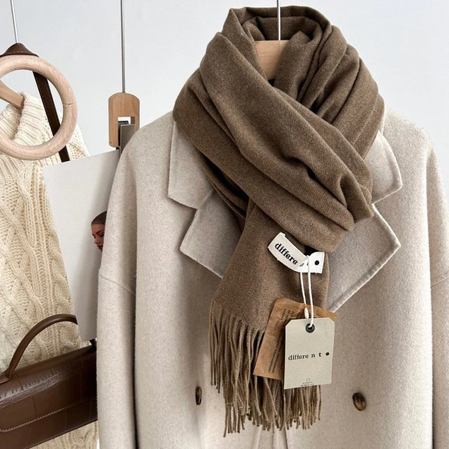 Khăn choàng cổ trơn Different tone màu Neutral chất Cashmere dạ Khăn choàng tua rua đa năng ấm áp phong cách Hàn Quốc
