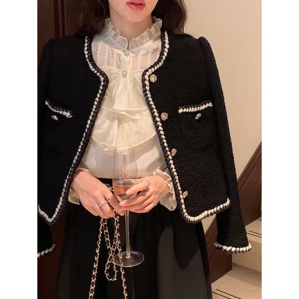 Áo dạ tweed phối viền thừng cổ điển hàng Quảng Châu tiểu thư sang chảnh phong cách Hàn Quốc dày dặn MT33 SP22