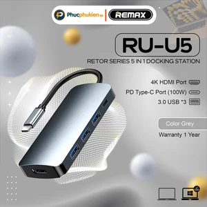 Hub Type C Chuyển Đổi 5 trong 1 REMAX RU-U5 Đa Năng 3 Cổng USB 3.0, Cổng HDMI 4K, 100W Phúc Phụ Kiện
