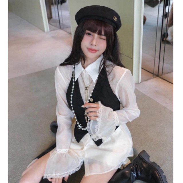 MIU.STUDIO | Set 3 chi tiết:Áo sơmi tơ phối ren mix gile dạ phối chân váy tafra tiểu thư sang chảnh