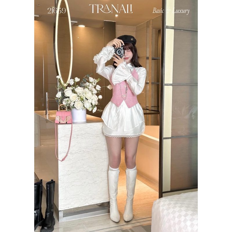 MIU.STUDIO | Set 3 chi tiết:Áo sơmi tơ phối ren mix gile dạ phối chân váy tafra tiểu thư sang chảnh