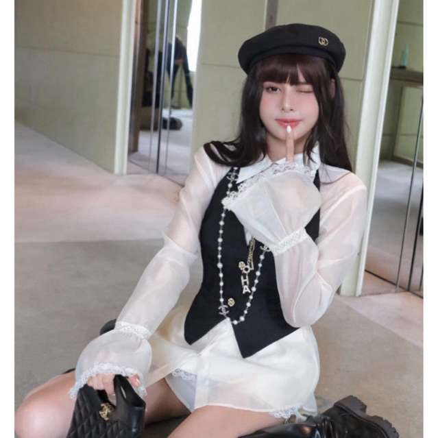 MIU.STUDIO | Set 3 chi tiết:Áo sơmi tơ phối ren mix gile dạ phối chân váy tafra tiểu thư sang chảnh