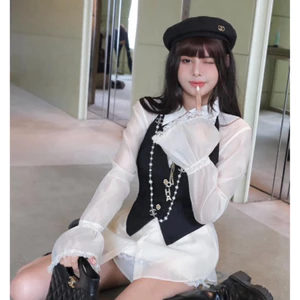 MIU.STUDIO | Set 3 chi tiết:Áo sơmi tơ phối ren mix gile dạ phối chân váy tafra tiểu thư sang chảnh