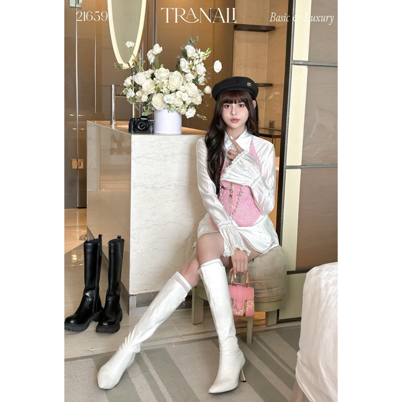 MIU.STUDIO | Set 3 chi tiết:Áo sơmi tơ phối ren mix gile dạ phối chân váy tafra tiểu thư sang chảnh