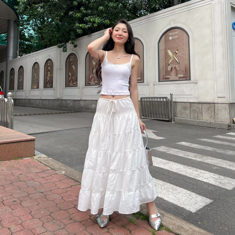 [HÌNH CHÍNH CHỦ] Chân Váy Maxi Dáng Dài Pepper Clothing Chân Váy Trắng Xoè Nhiều Tầng Dây Rút May Hai Lớp - Fiona Skirt | BigBuy360 - bigbuy360.vn