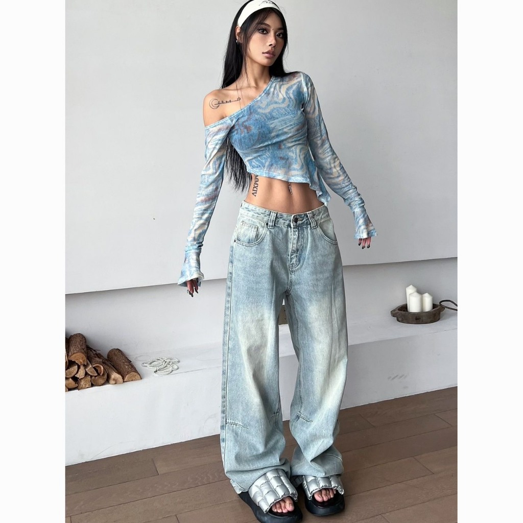 (SẴN) Áo croptop dài tay trễ vai chất voan lưới tay loe cá tính màu xanh biển  ACTV002 - Tiktik
