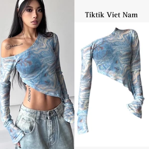 Áo croptop dài tay trễ vai chất voan lưới tay loe cá tính màu xanh biển ACTV002 - Tiktik