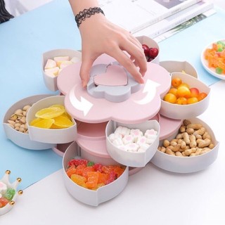Khay Mứt Tết 2 Tầng Xoay 360 Độ Nhựa Cao Cấp, Hộp Đựng Mứt Bánh Kẹo Tết Hình Hoa 10 Cánh