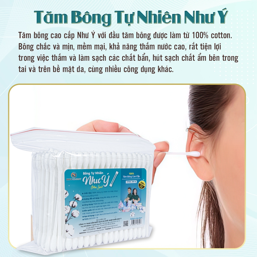 Combo 3 bịch tăm bông người lớn Như Ý Company cao cấp 100% cotton, thân nhựa - Bịch 200 cây