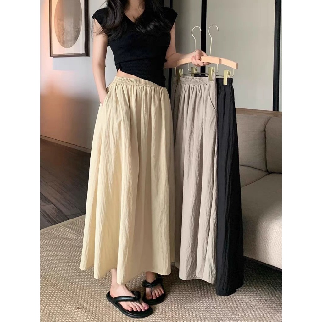 Chân Váy Dài Chữ A Cạp Chun Cao Cấp JULY, Chân váy xòe lưng cao Chất đũi tơ Hàn Quốc phong cách RETRO 2 lớp
