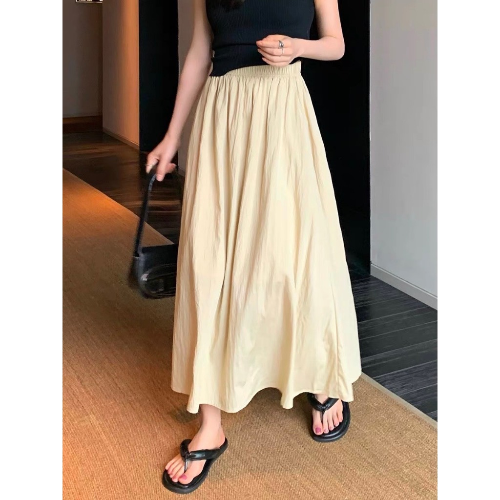 Chân Váy Dài Chữ A Cạp Chun Cao Cấp JULY, Chân váy xòe lưng cao Chất đũi tơ Hàn Quốc phong cách RETRO 2 lớp
