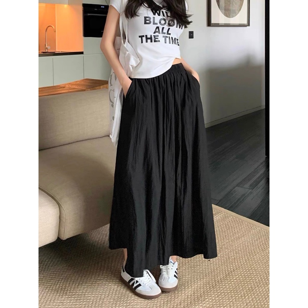 Chân Váy Dài Chữ A Cạp Chun Cao Cấp JULY, Chân váy xòe lưng cao Chất đũi tơ Hàn Quốc phong cách RETRO 2 lớp