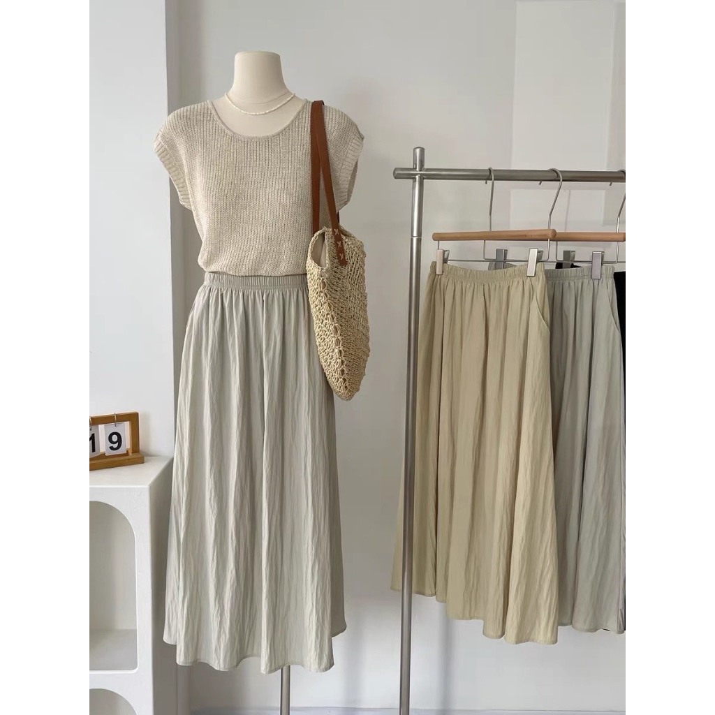 Chân Váy Dài Chữ A Cạp Chun Cao Cấp JULY, Chân váy xòe lưng cao Chất đũi tơ Hàn Quốc phong cách RETRO 2 lớp