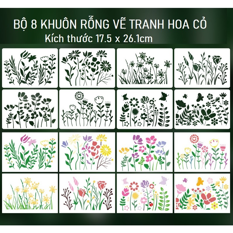 Set 8 khuôn rỗng mẫu vẽ tranh trang trí chủ đề hoa lá bằng nhựa dẻo 18 ...