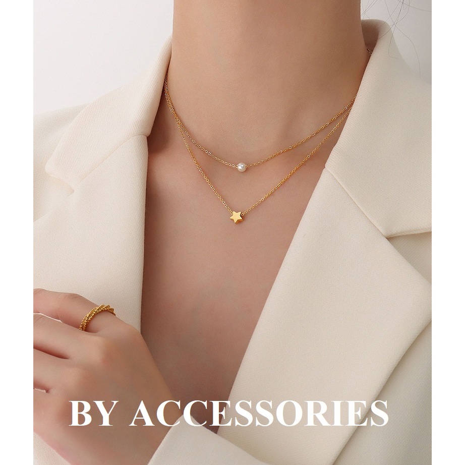 Dây chuyền nữ titan 2 tầng xích mảnh phối hạt ngọc trai nhân tạo và ngôi sao nhỏ xinh mạ vàng 18K không gỉ WN2399