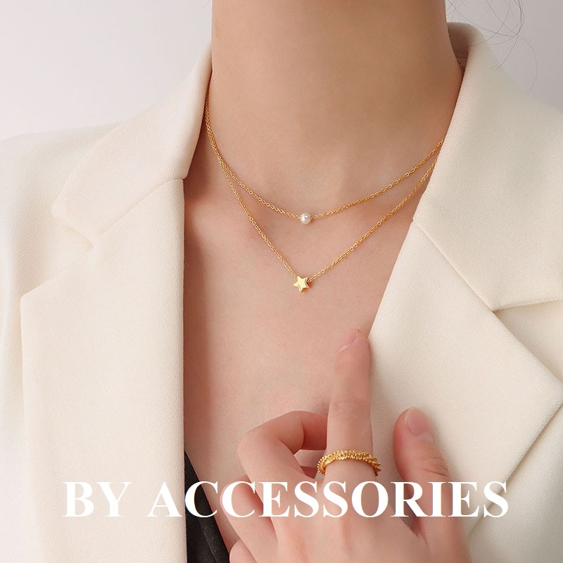 Dây chuyền nữ titan 2 tầng xích mảnh phối hạt ngọc trai nhân tạo và ngôi sao nhỏ xinh mạ vàng 18K không gỉ WN2399