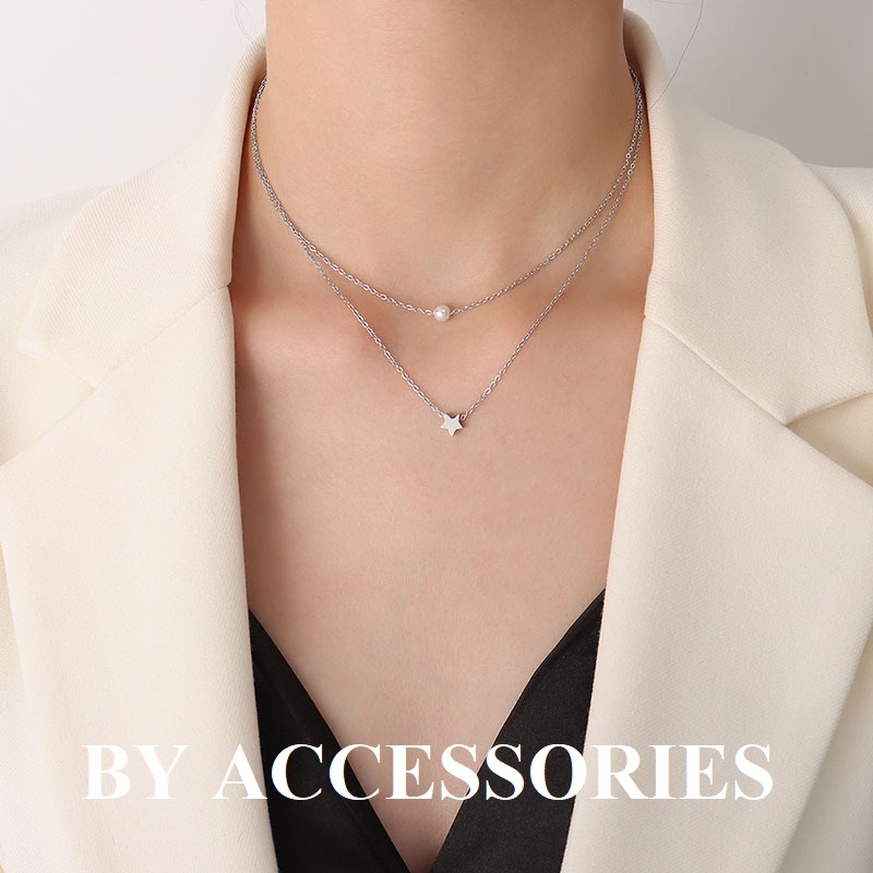 Dây chuyền nữ titan 2 tầng xích mảnh phối hạt ngọc trai nhân tạo và ngôi sao nhỏ xinh mạ vàng 18K không gỉ WN2399