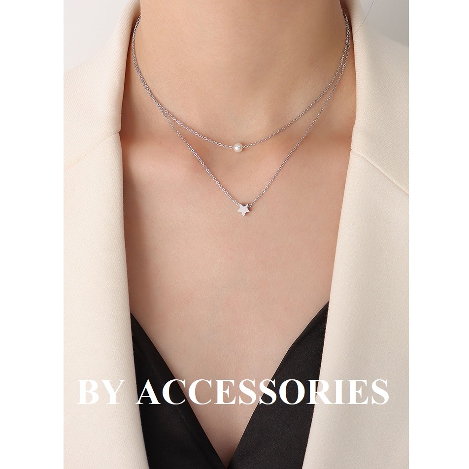 Dây chuyền nữ titan 2 tầng xích mảnh phối hạt ngọc trai nhân tạo và ngôi sao nhỏ xinh mạ vàng 18K không gỉ WN2399
